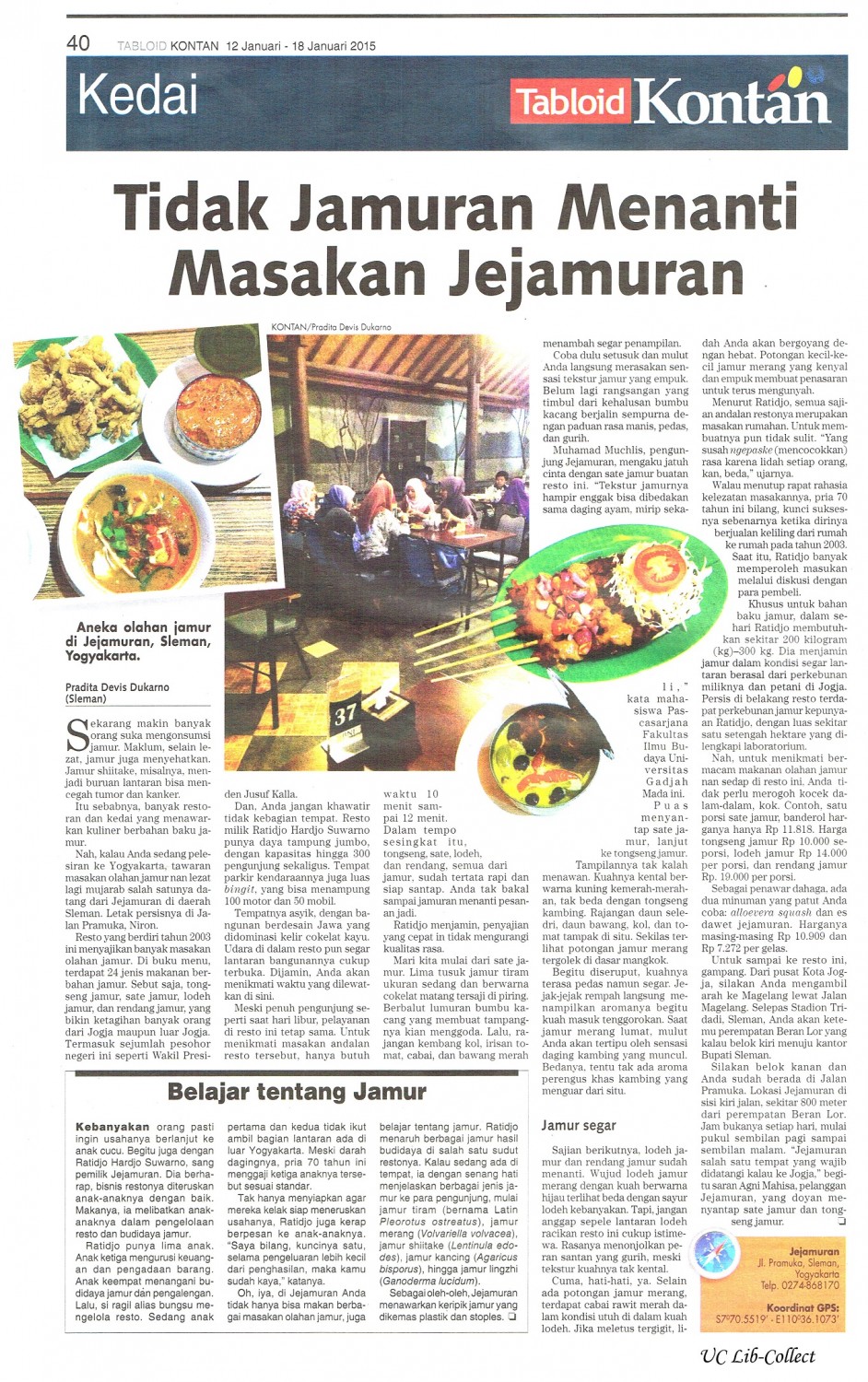 Tidak Jamuran Menanti Masakan Jejamuran. Kontan 12 Januari-18 Januari 2015.Hal.40