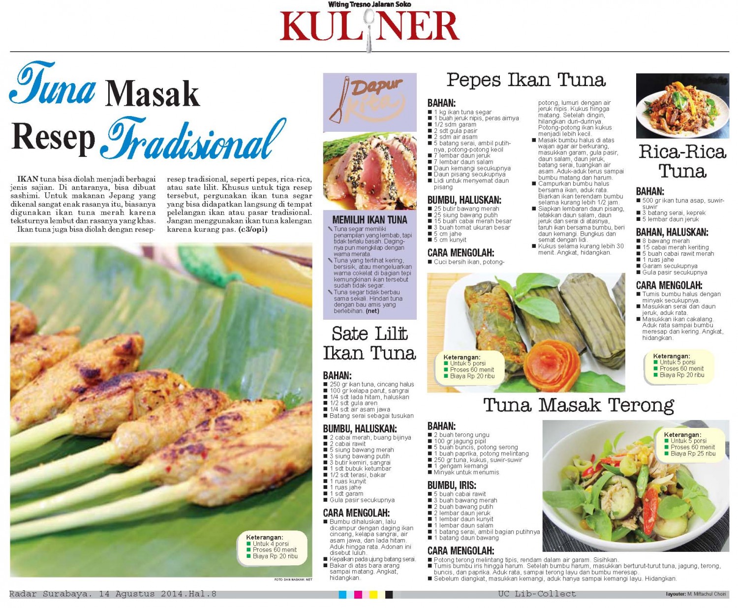 Tuna Masak Resep Tradisional.Radar Surabaya. 14 Agustus 2014.Hal.8