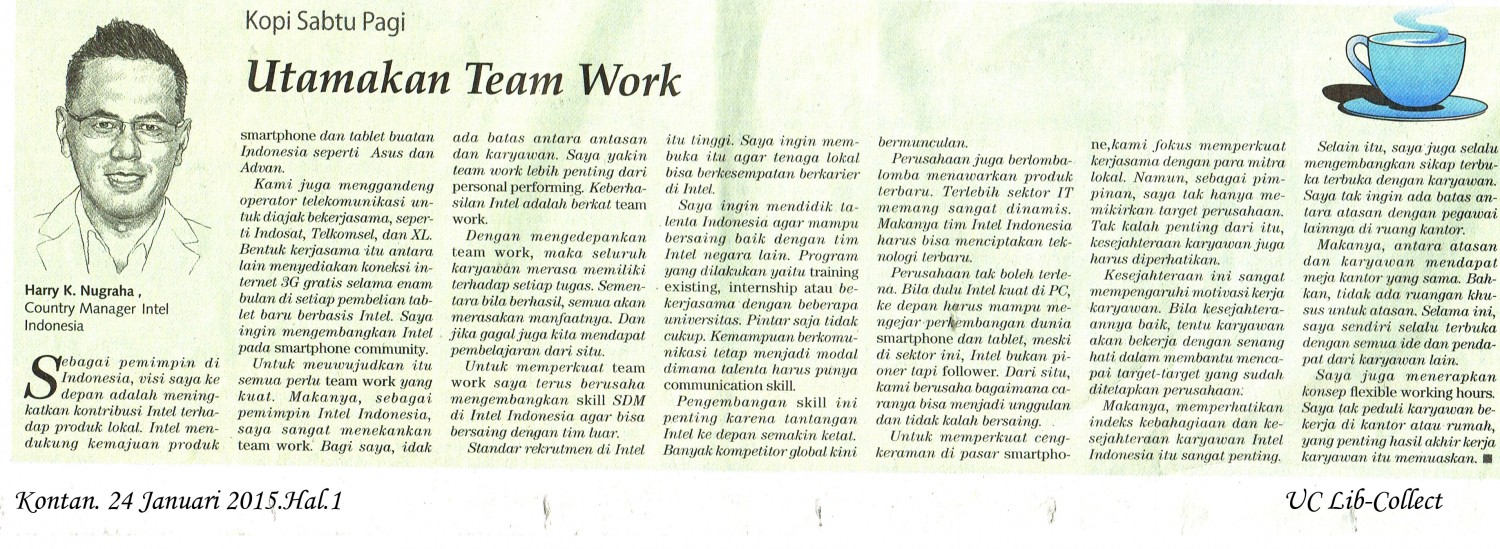 Utamakan Team Work. Kontan. 24 Januari 2015.Hal.1