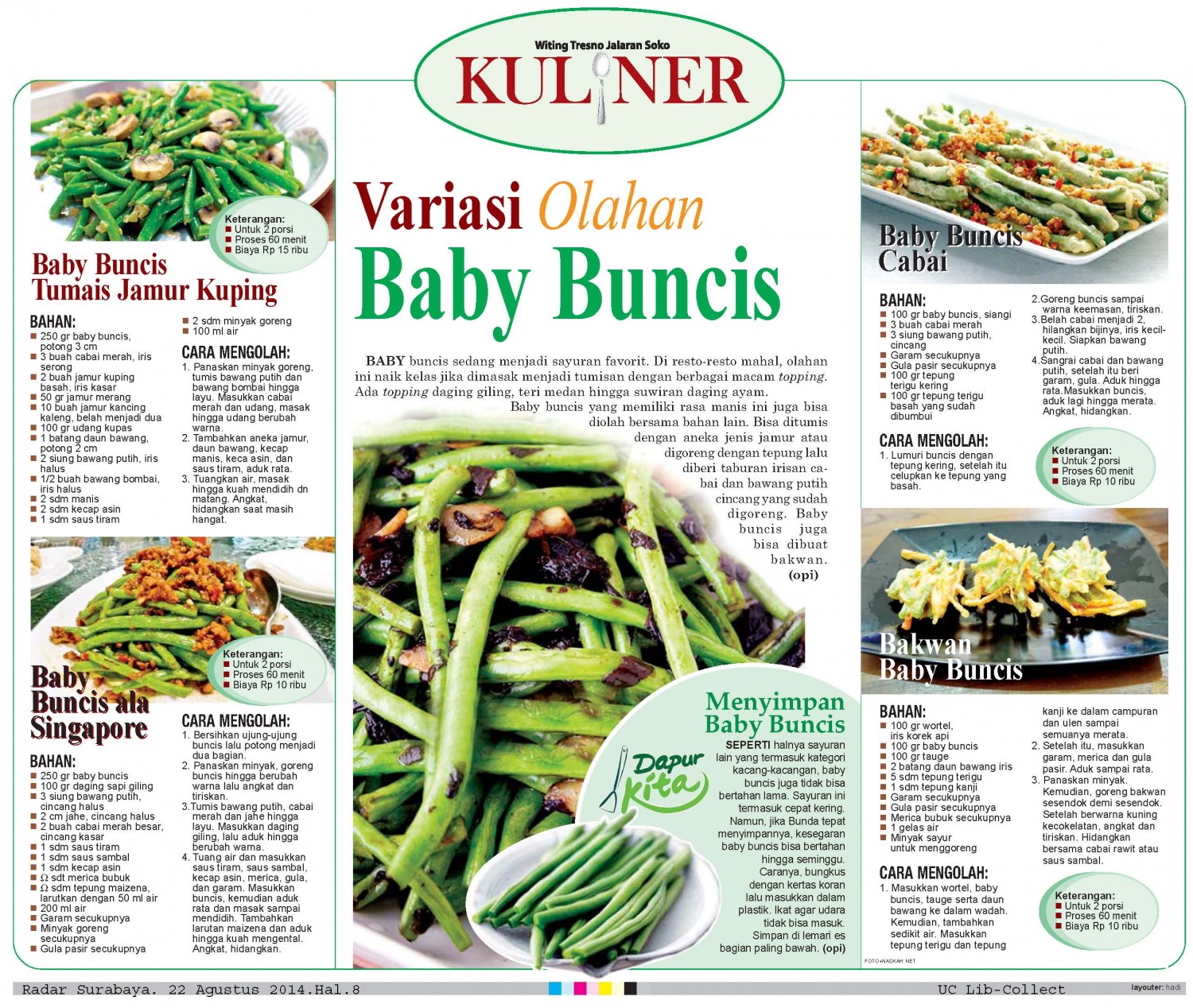 Variasi Olahan Baby Buncis.Radar Surabaya.22 Agustus 2014.Hal.8