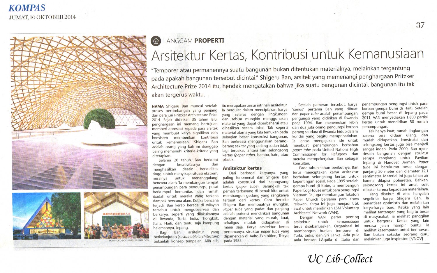 Arsitektur Kertas, Kontribusi untuk Kemanusiaan. Kompas. 10 Oktober 2014.Hal.37