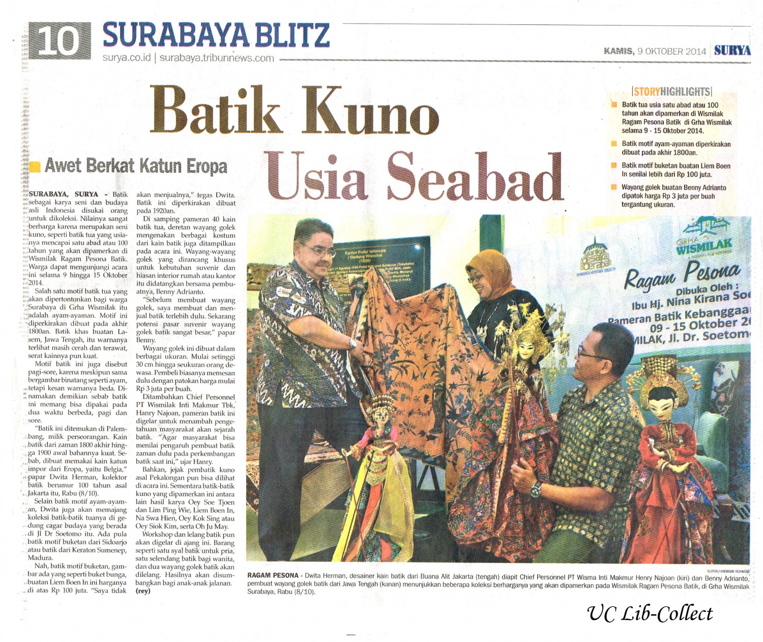 Batik Kuno Usia Seabad.Surya. 9 Oktober 2014.Hal.10