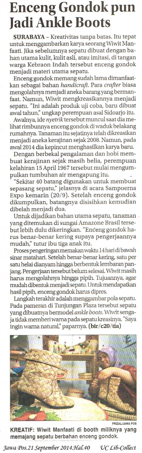 Enceng Gondokpun Jadi Ankle Boots. Jawa Pos.21 September 2014.Hal.40