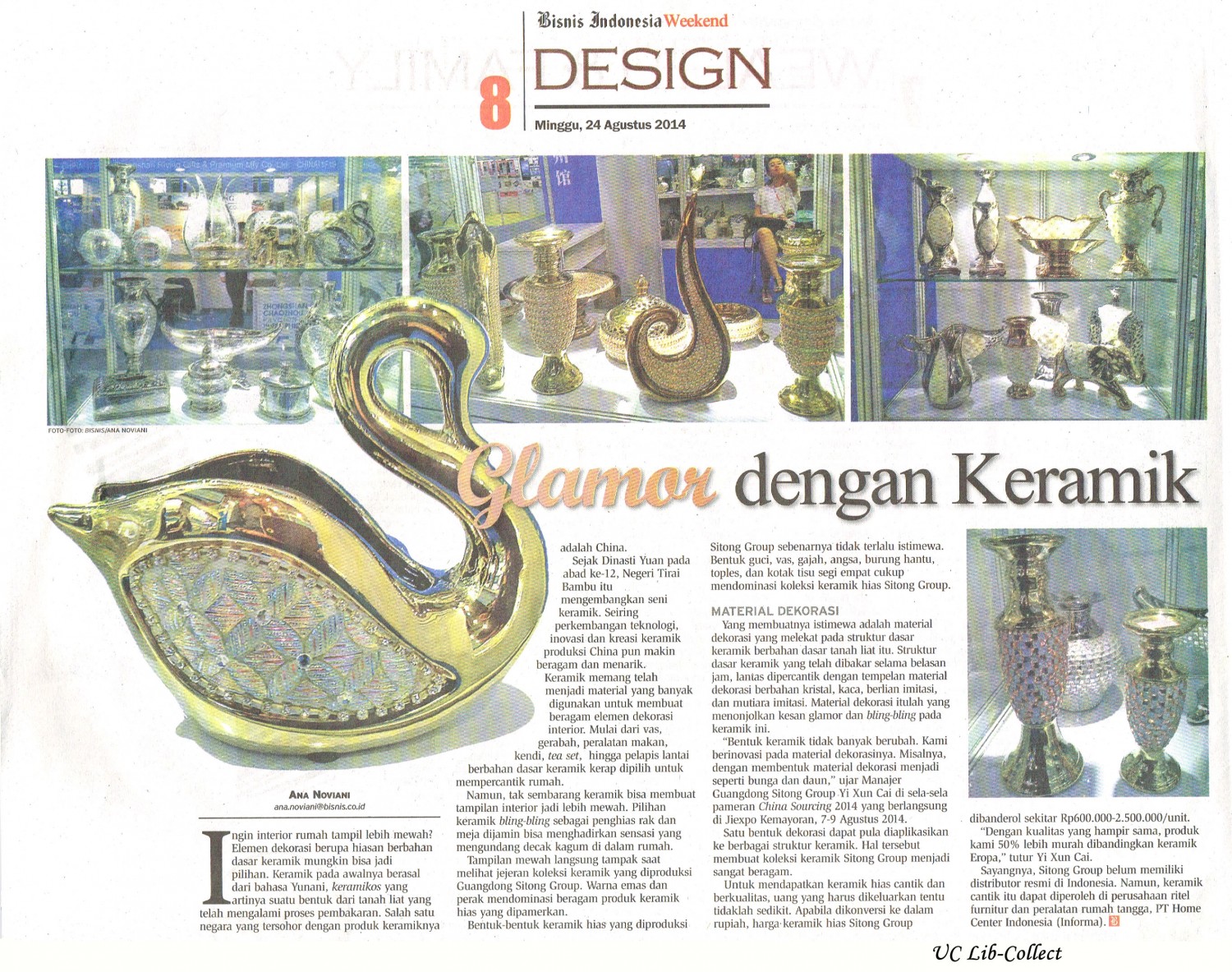 Glamor dengan Keramik.Bisnis Indonesia Weekend.24 Agustus 2014.Hal.8