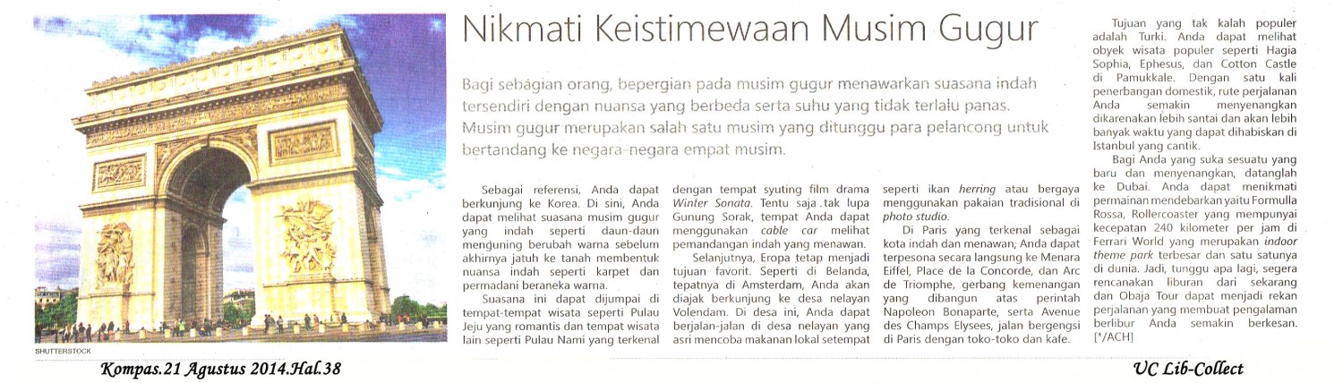 Nikmati Keistimewaan Musim Gugur.Kompas.21 Agustus 2014.Hal.38