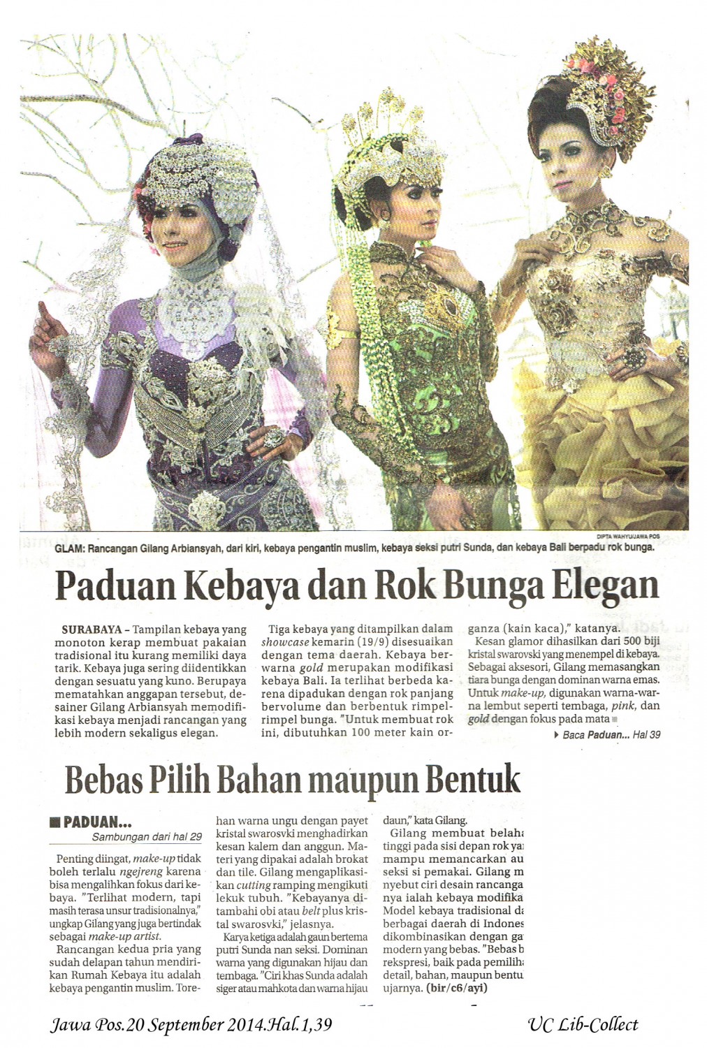 Paduan Kebaya dan Rok Bunga Elegan. Jawa Pos.20 September 2014.Hal.1,39