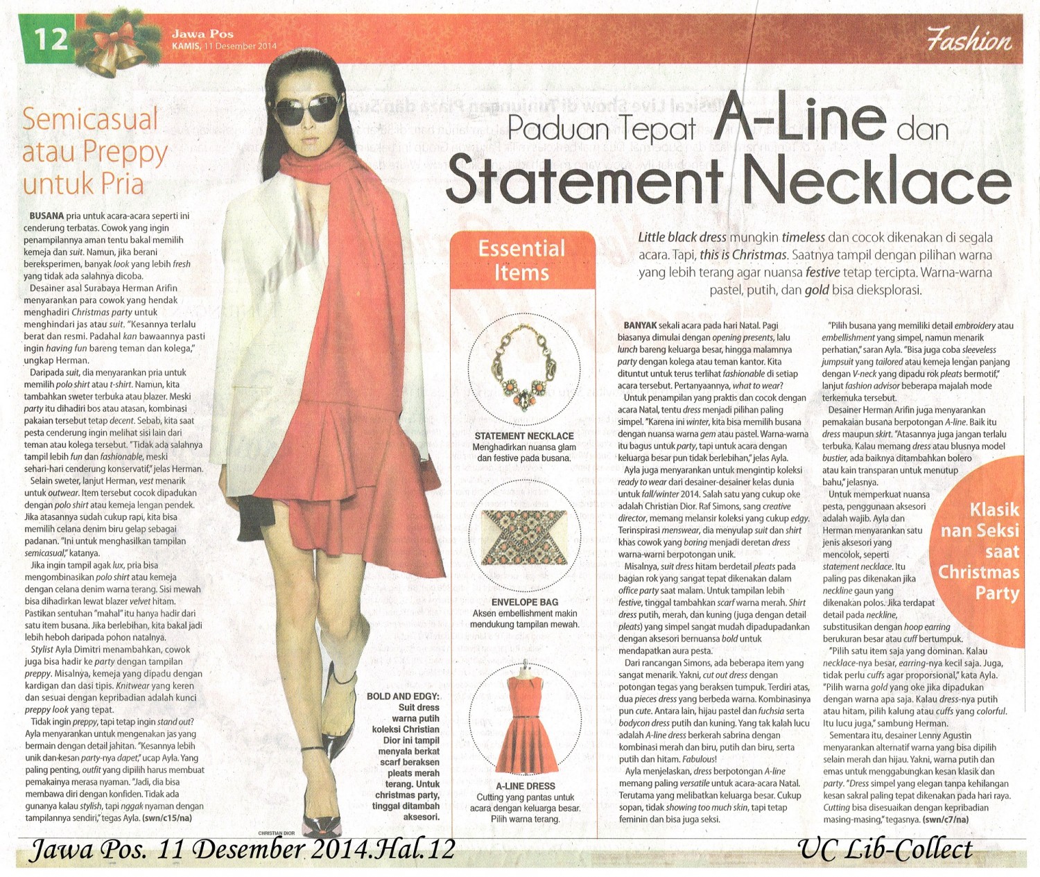 Paduan Tepat A-Line dan Statemeny Necklace. Jawa Pos. 11 Desember 2014.Hal.12