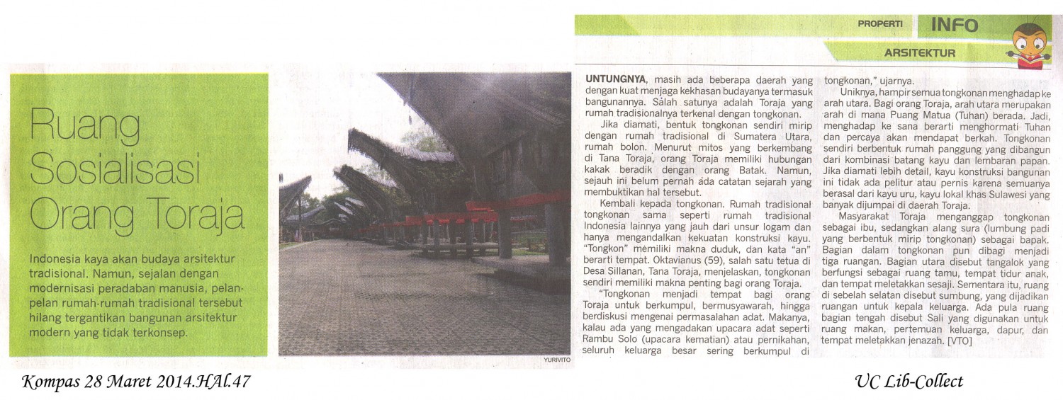 Ruang Sosialisasi Orang Toraja. kompas 28 Maret 2014.Hal.47