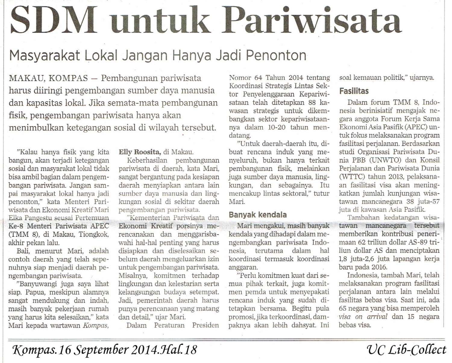 SDM Untuk Pariwisata. Kompas.16 September 2014.Hal.18