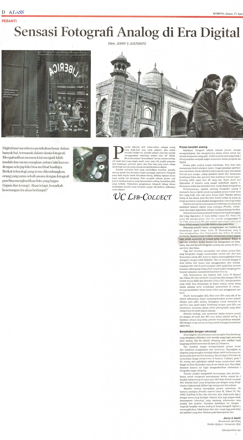 Sensasi Fotografi Analog di Era Digital. Kompas.15 Agustus 2014.Hal.D