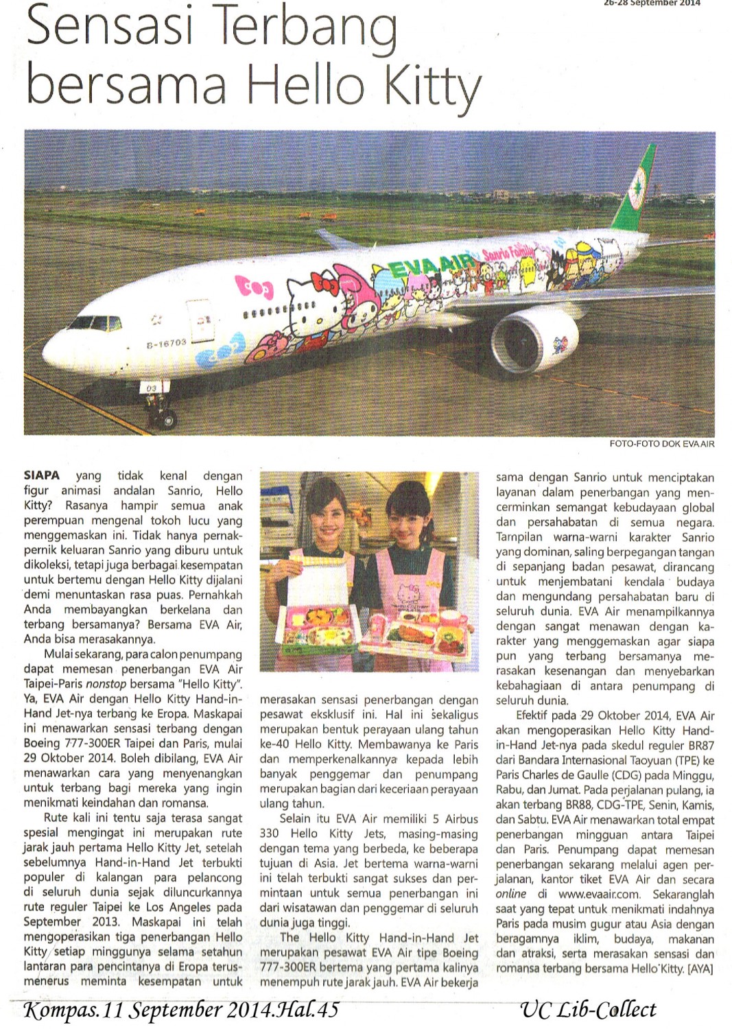 Sensasi Terbang Bersama Hello Kitty. Kompas.11 September 2014.Hal.45