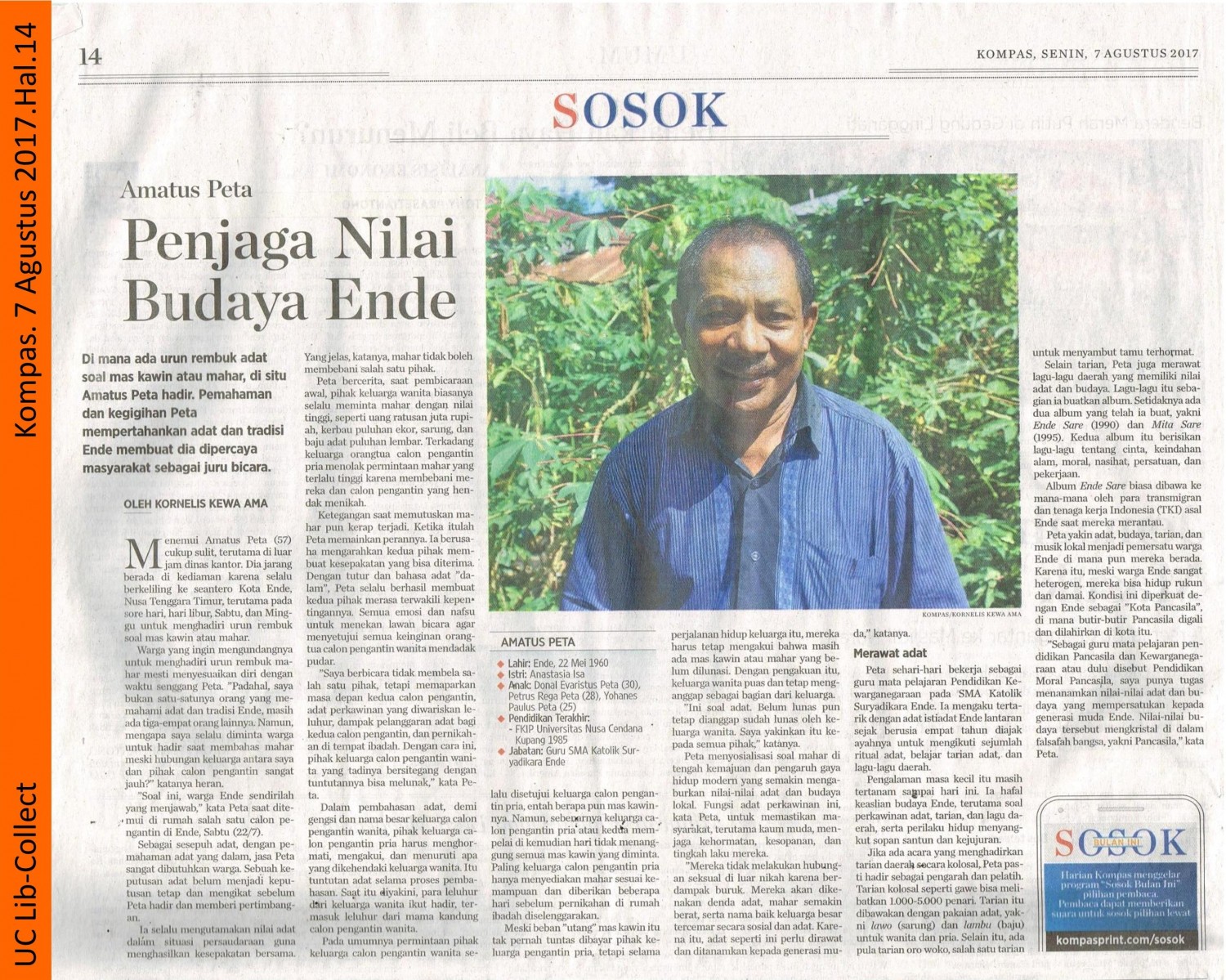 Amatus Peta_Penjaga Nilai Budaya Ende.Kompas.7 Agustus 2017. Hal 14 001 (2)