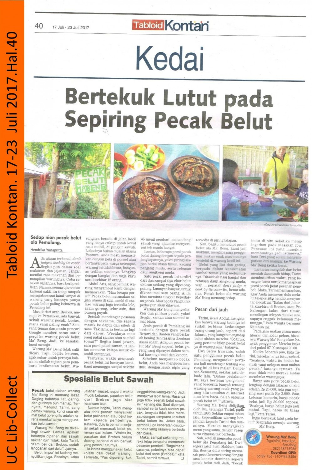Bertekuk Lutut pada Sepiring Pecak Belut. Tabloid Kontan. 17 Juli - 23 Juli 2017. Hal.40 001-page-001