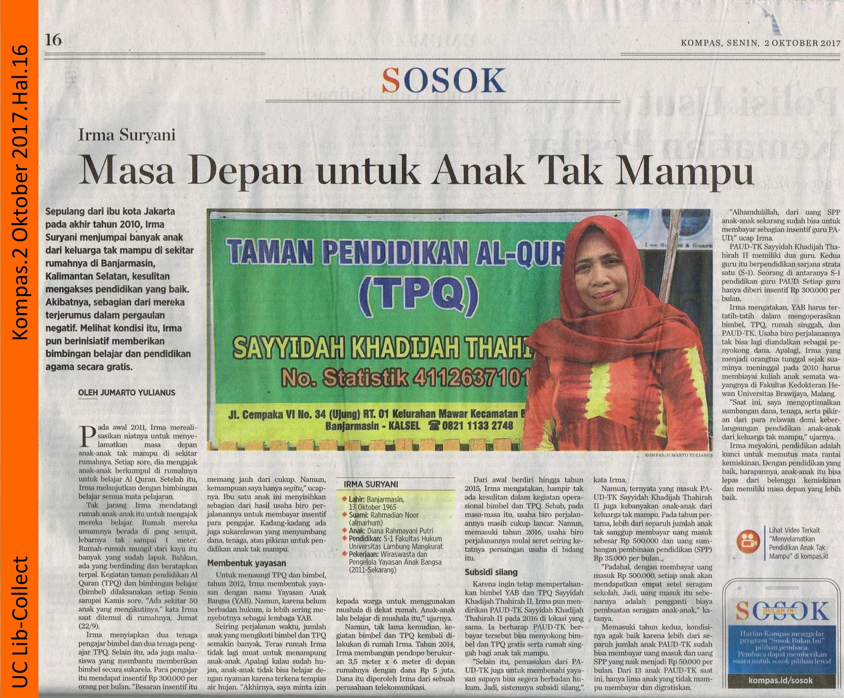 Irma Suryani Masa Depan Untuk Anak Tak Mampu Kompas 2 Oktober 2017 Hal