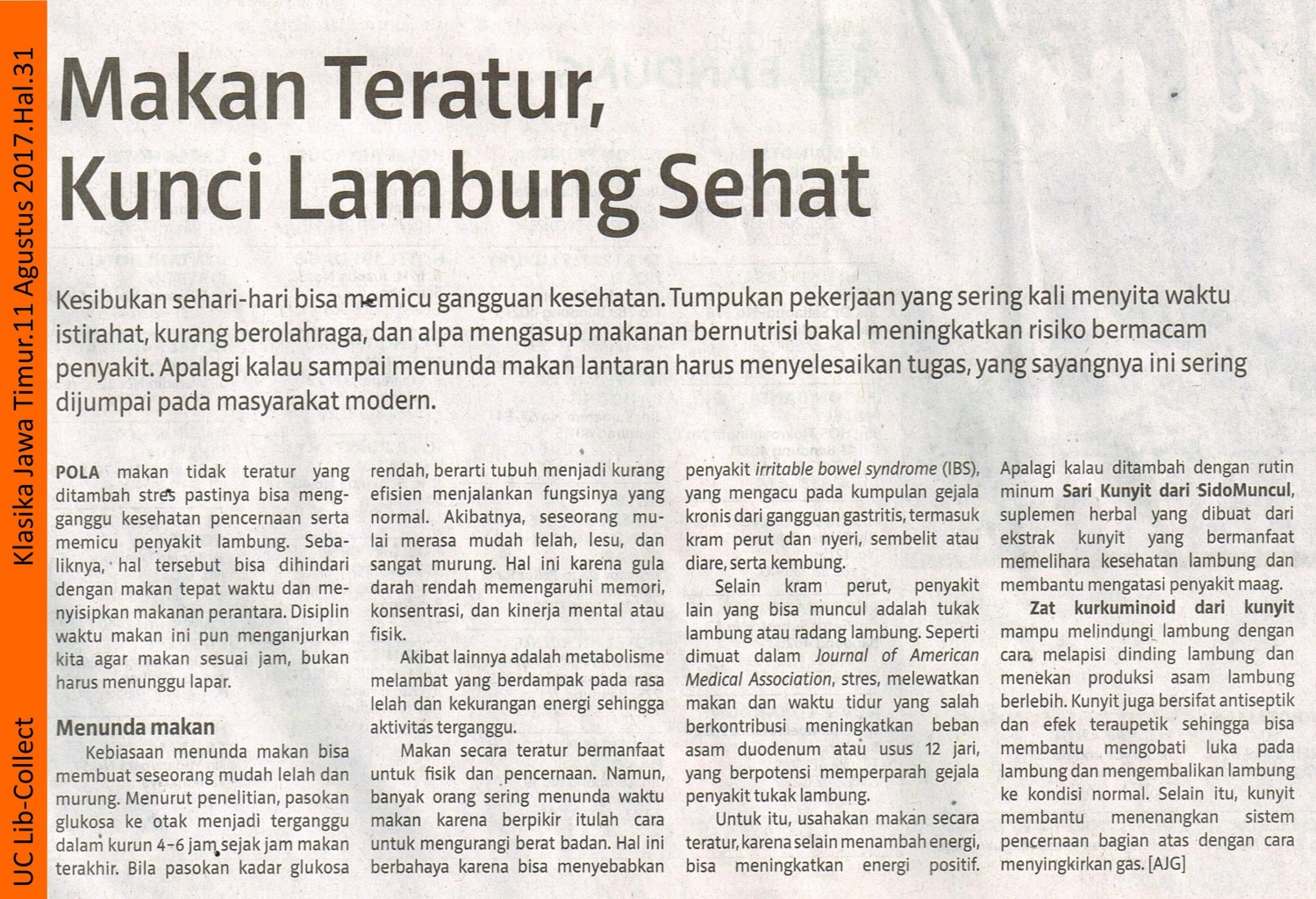 Makan Teratur, Kunci Lambung Sehat. Klasika Jawa Timur. 11 Agustus 2017. Hal.31 001-page-001