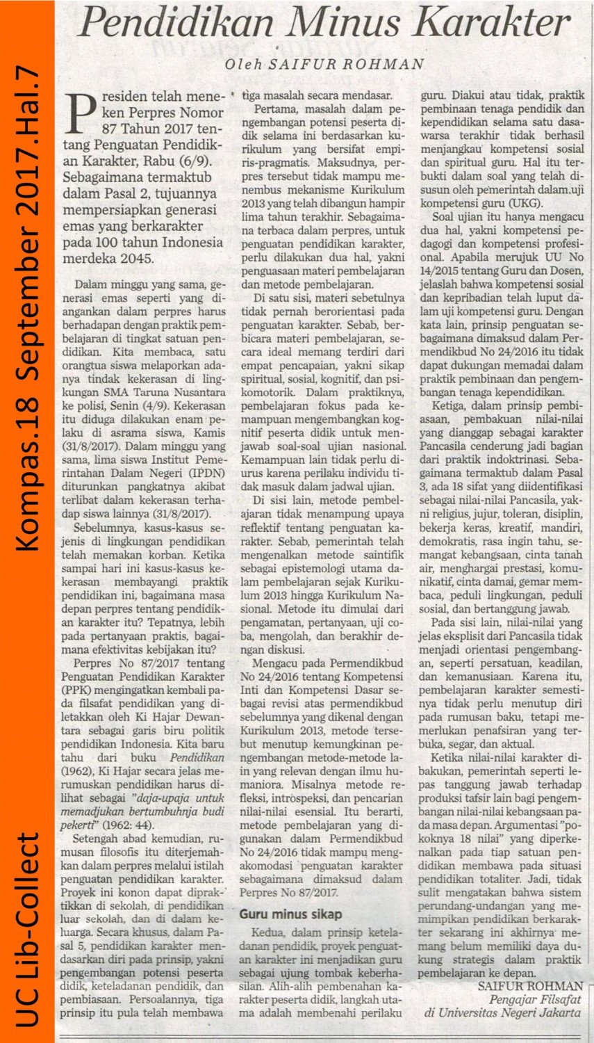 Pendidikan Minus Karakter. Kompas. 18 September 2017. Hal.7 001-page-001