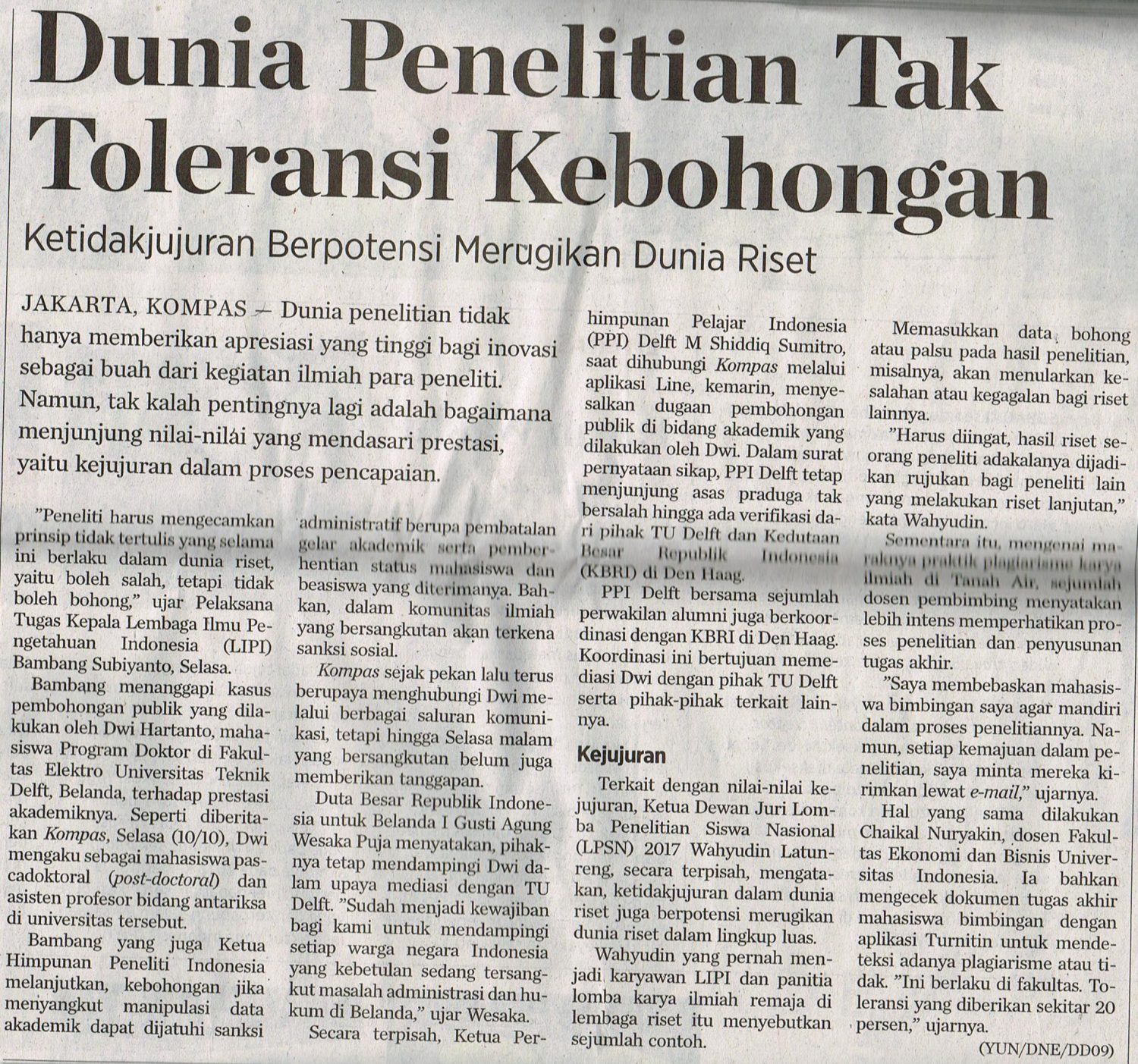 Dunia Penelitian Tak Toleransi Kebohongan 11 Oktober 2017 Kompas Hal 12 001